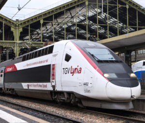 TGV Lyria a quai, a Paris Gare de Lyon. Rame detentrice du record du monde de vitesse sur rail.